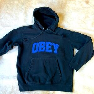 Mens OBEY Embroidered Black & Blue Sweatshirt Hoodie
